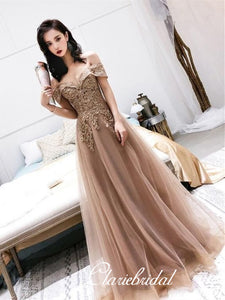 Off Shoulder Lace Beaded Long Prom Dresses, A-line Prom Dresses, 2020 Long Prom Dresses
