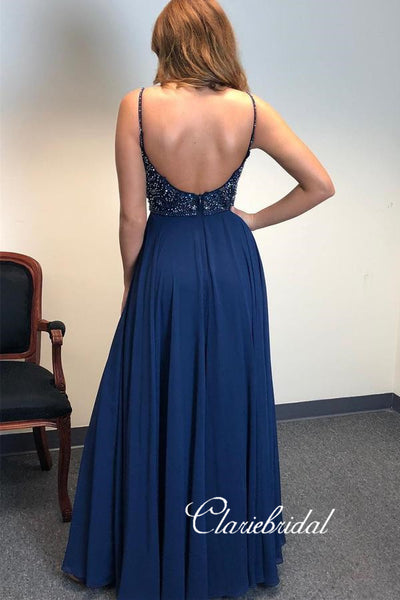 Spaghetti Long A-line Navy Chiffon Beaded Prom Dresses, Elegant Prom Dresses, Side Slit Prom Dresses