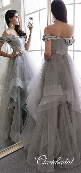 Off Shoulder Long Grey Prom Dresses, Tulle Prom Dresses, ELegant 2020 Prom Dresses, Newest Prom Dresses