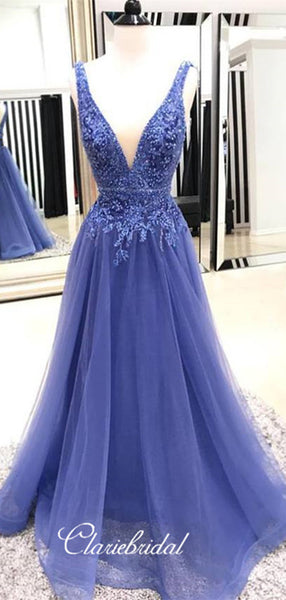 V-neck A-line Lace Long Prom Dresses, Latest Prom Dresses 2019