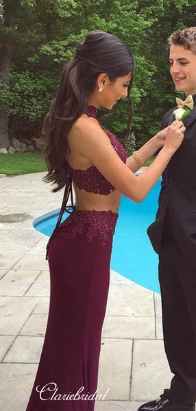 Two Pieces Beaded Prom Dresses For Evening Party, Halter Lace Prom Dresses
