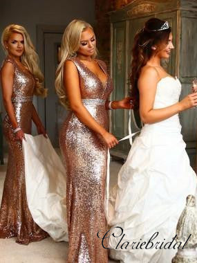 V-neck Sequin Mermaid Bridesmaid Dresses, Beaded Bridesmaid Dresses