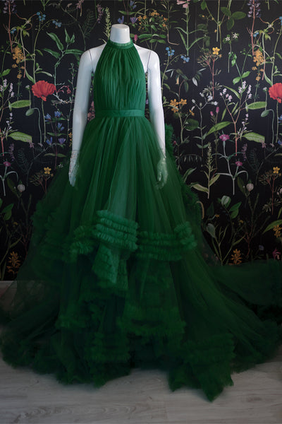 Halter Long A-line Green Tulle Prom Dresses, Ruffled Prom Dresses, 2021 Prom Dresses, Affordable Prom Dresses