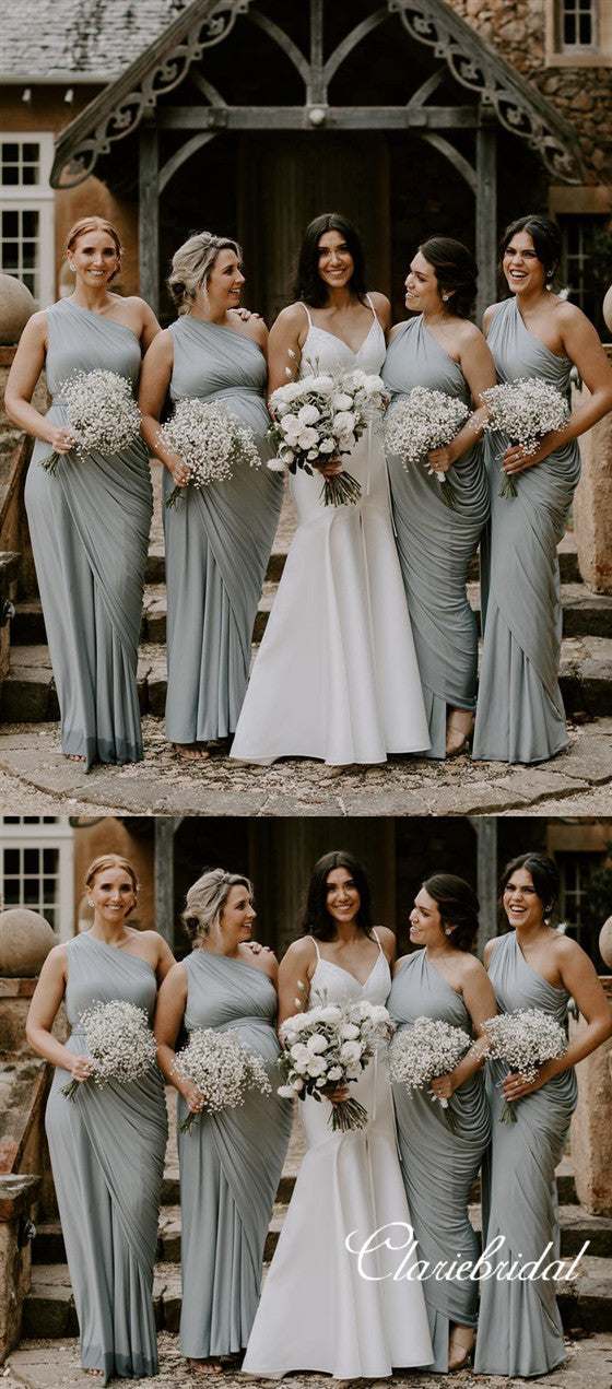 One Shoulder Sheath Grey Jersey Long Bridesmaid Dresses – ClaireBridal