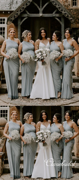 One Shoulder Sheath Grey Jersey Long Bridesmaid Dresses