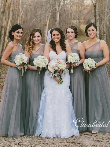 One Shoulder Long A-line Grey Tulle Bridesmaid Dresses