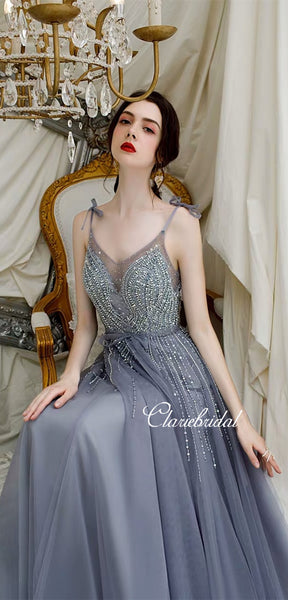 Straps Long A-line Grey Tulle Beaded Prom Dresses, New 2020 Prom Dresses, Claire Design Prom Dresses