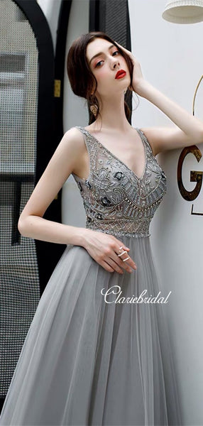 V-neck Grey Tulle Beaded Prom Dresses, Long Prom Dresses, New 2020 Prom Dresses