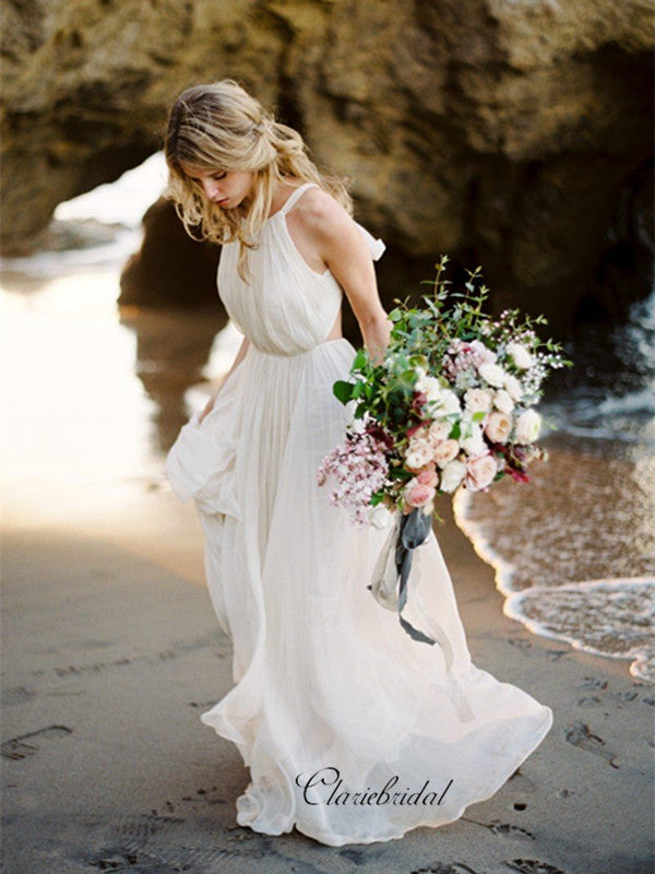 Halter Strap Casual Wedding Dress for Beach, Unique Fashion Custom Wedding Dresses