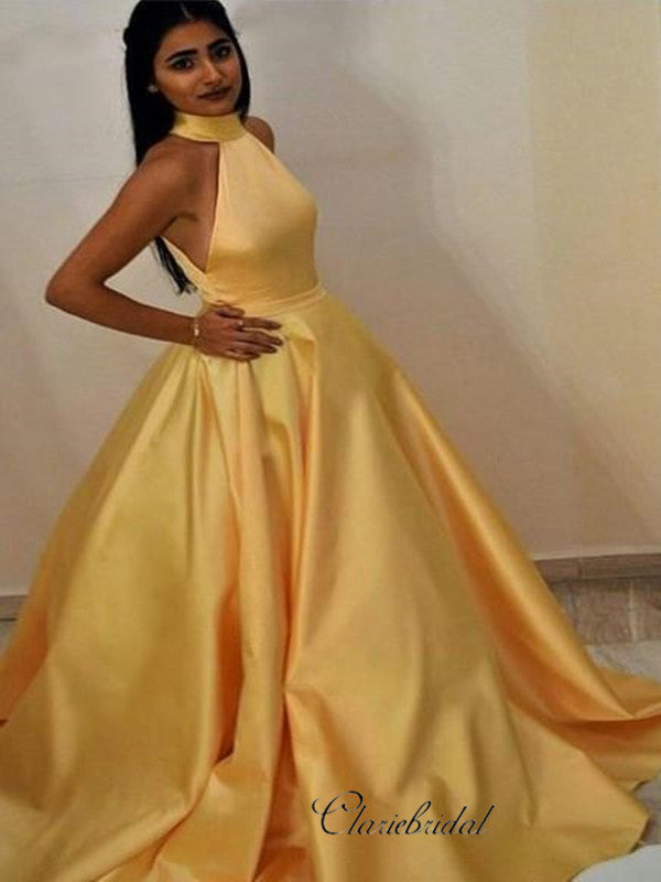 High Neck Yellow Prom Gowns, A-line Prom Dresses, Popular Prom Dresses