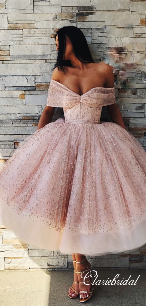 Off Shoulder Rose Gold Sequin Tulle Fluffy Homecoming Dresses ClaireBridal Off Shoulder Rose Gold Sequin Tulle Fluffy Homecoming Dresses ClaireBridal