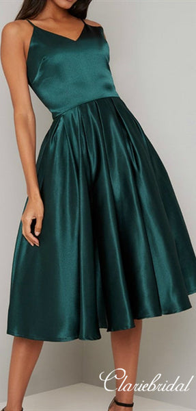 Simple Dark Green Satin Homecoming Dresses, Short Prom Dresses
