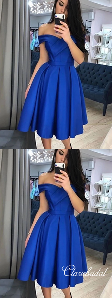 Off Shoulder Royal Blue Homecoming Dresses, Satin Short Prom Dresses