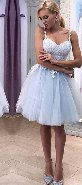 Sstraps Light Blue Lace Tulle Homecoming Dresses, Cute Short Prom Dresses, Homecoming Dresses