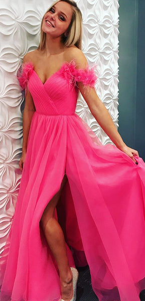 Off Shoulder Long A-line Hot Pink Tulle Prom Dresses, Lovely Prom Dresses, 2020 Prom Dresses