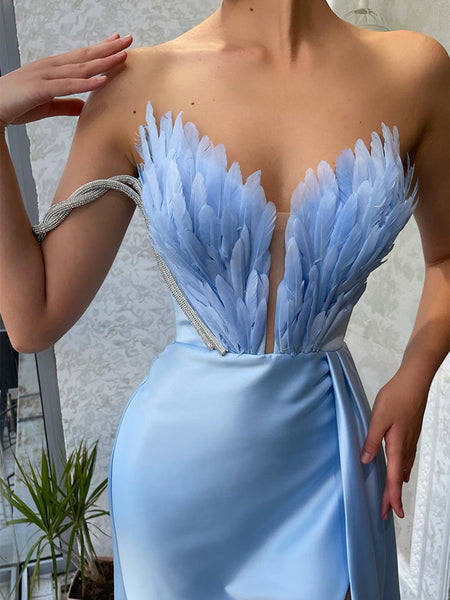 Baby Blue Feather Top Sheath Prom Dresses, High Slit Prom Dresses, Newest 2023 Prom Dresses