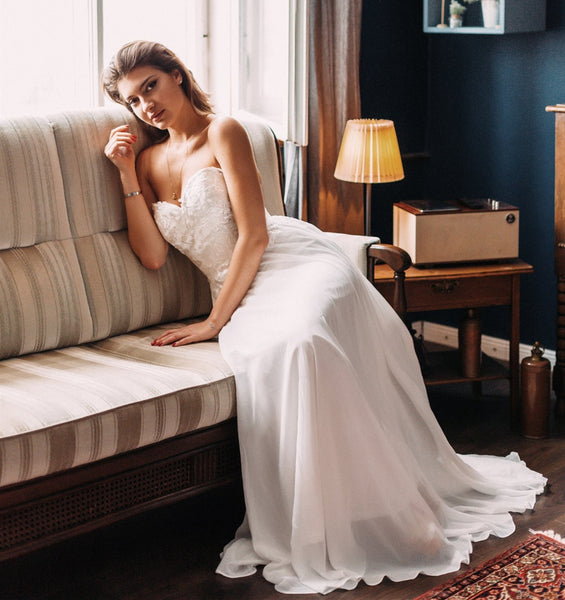 Sweetheart Long A-line Lace Chiffon Wedding Dresses, A-line Wedding Dresses, 2020 Wedding Dresses