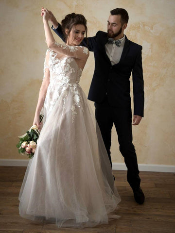 3/4 Sleeves Lace Tulle Wedding Dresses, Country Wedding Dresses,  Long Wedding Dresses