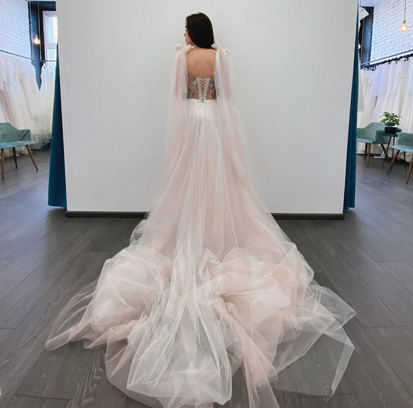 Straps Long A-line Lace Tulle Wedding Dresses, Romantic Wedding Dresses, Long Wedding Dresses