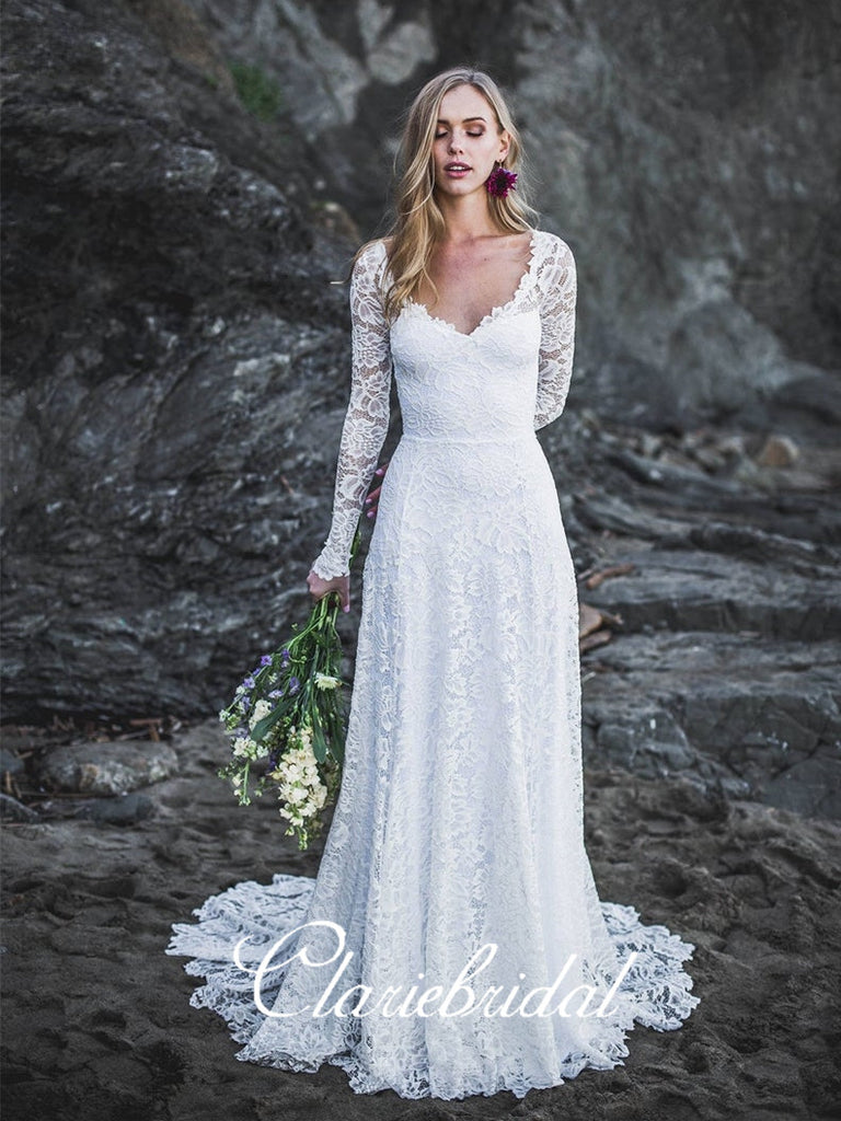 V-neck Long Sleeves Lace Wedding Dresses, Long Wedding Dresses, Beach ClaireBridal V-neck Long Sleeves Lace Wedding Dresses, Long Wedding Dresses, Beach ClaireBridal