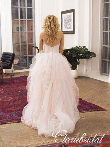 Sweetheart Blush Pink Tulle Fluffy Romantic Long Wedding Dresses