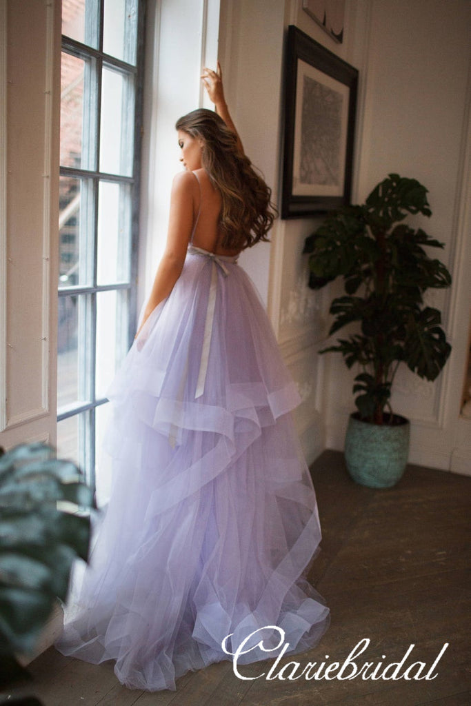 Spaghetti Long A-line Lilac Tulle Wedding Dresses, Backless Bridal Gow ClaireBridal Spaghetti Long A-line Lilac Tulle Wedding Dresses, Backless Bridal Gow ClaireBridal