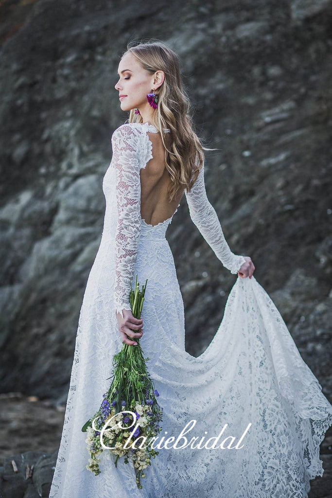 V-neck Long Sleeves Lace Wedding Dresses, Long Wedding Dresses, Beach ClaireBridal V-neck Long Sleeves Lace Wedding Dresses, Long Wedding Dresses, Beach ClaireBridal