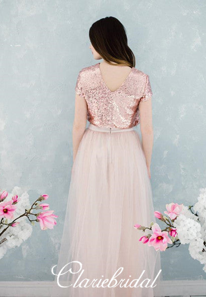 2 Pieces Rose Gold Sequin Tulle Long Bridesmaid Dresses