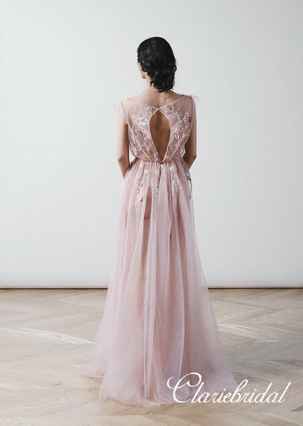 Dusty Rose Lace Tulle Long Prom Dresses, A-line Prom Dresses, Newest Prom Dresses