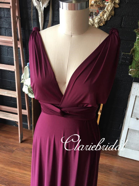 Burgundy Convertible Long A-line Jersey Bridesmaid Dresses