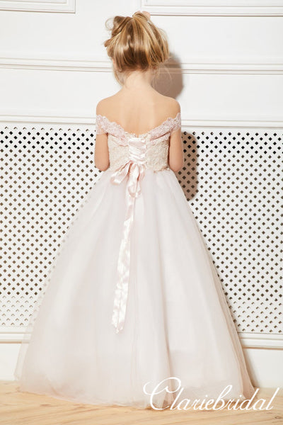 Off Shoulder Lace Tulle Flower Girl Dresses, Lovely Little Girl Dresses