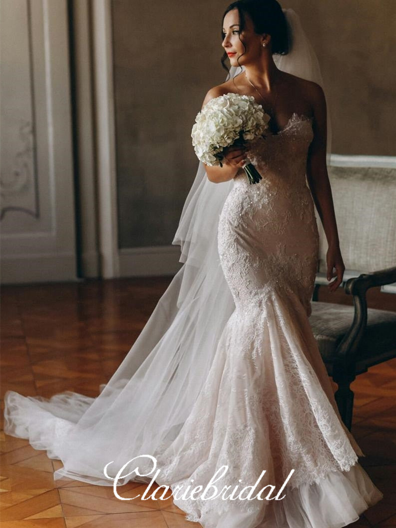 Sweetheart Long Mermaid Lace Tulle Wedding Dresses, Gorgeous Beaded Lace Wedding Gown