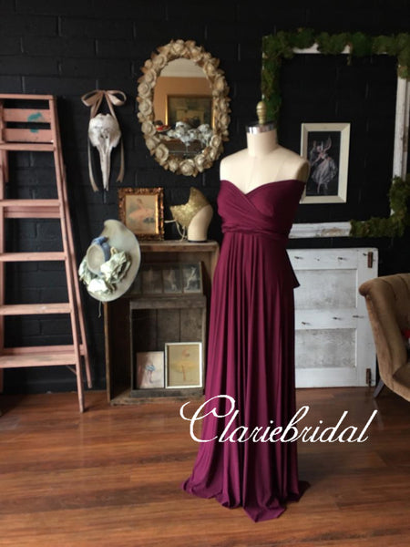 Burgundy Convertible Long A-line Jersey Bridesmaid Dresses