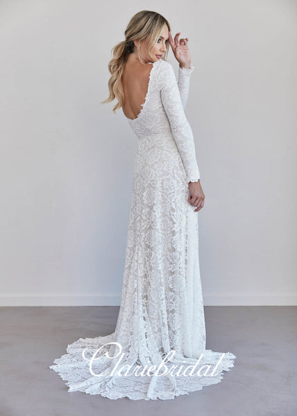 Ivory Long Sleeves Lace Wedding Dresses, A-line U-back Wedding Dresses, Country Wedding Dresses