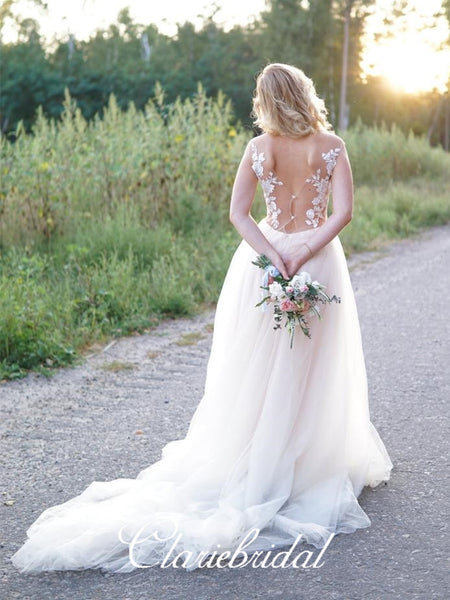 Lace Top Long A-line Wedding Dresses, Sleeveless Long Wedding Dresses, Country Wedding Dresses