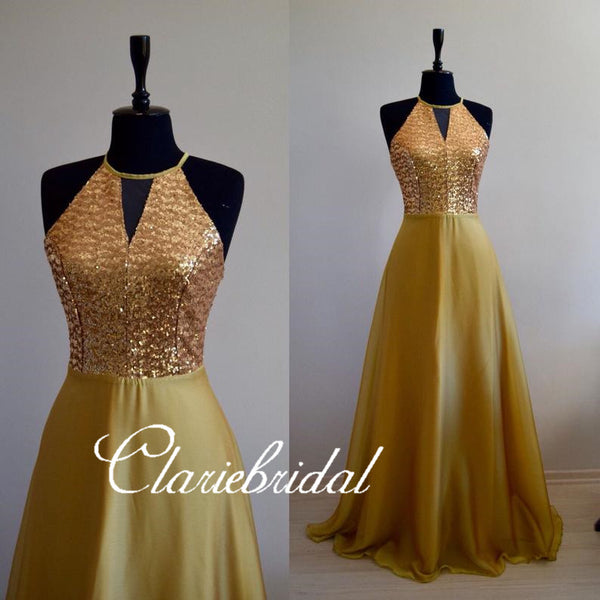 Newest Gold Sequin Elastic Satin A-line Bridesmaid Dresses