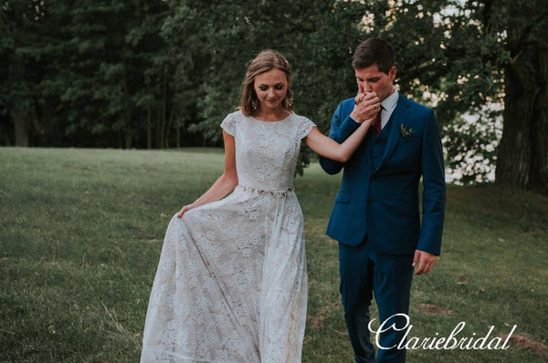 Gorgeous Cap Sleeves Vback Long A-line Lace Wedding Dresses, Bridal Gown