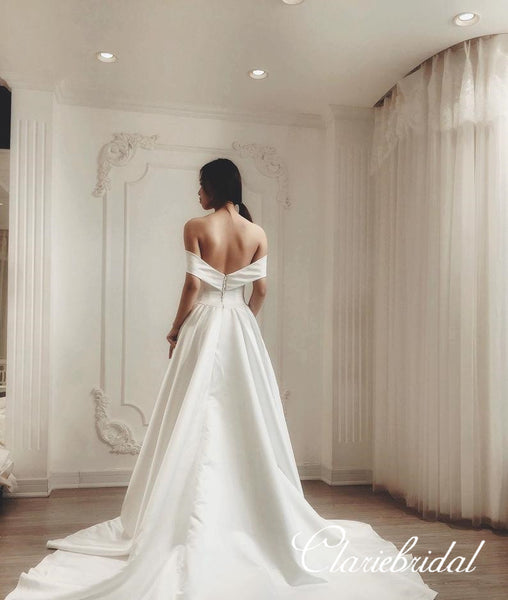 Off Shoulder A-line Ivory Satin Elegant Wedding Dresses