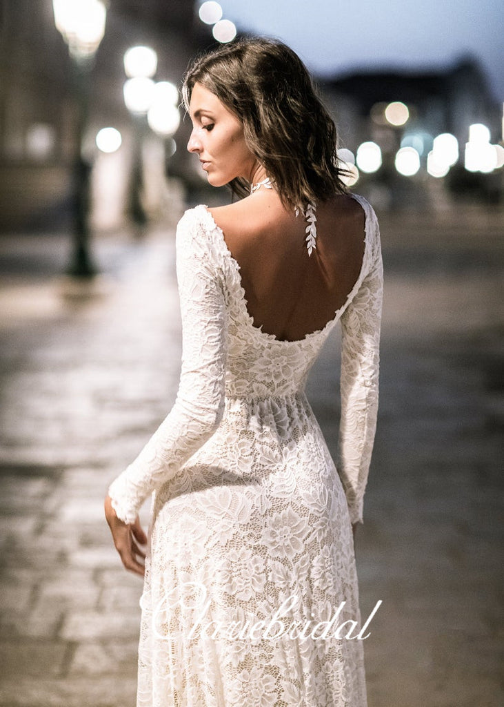 Ivory Long Sleeves Lace Wedding Dresses, A-line U-back Wedding Dresses ClaireBridal Ivory Long Sleeves Lace Wedding Dresses, A-line U-back Wedding Dresses ClaireBridal