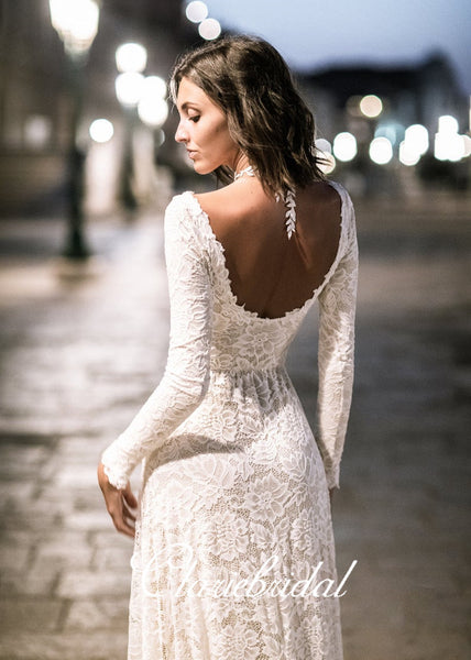 Ivory Long Sleeves Lace Wedding Dresses, A-line U-back Wedding Dresses, Country Wedding Dresses