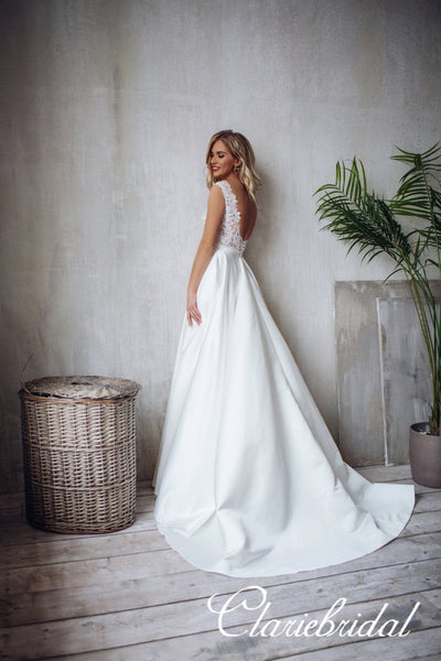 Lace Top Satin Skirt Long A-line Wedding Dresses, Bridal Gown