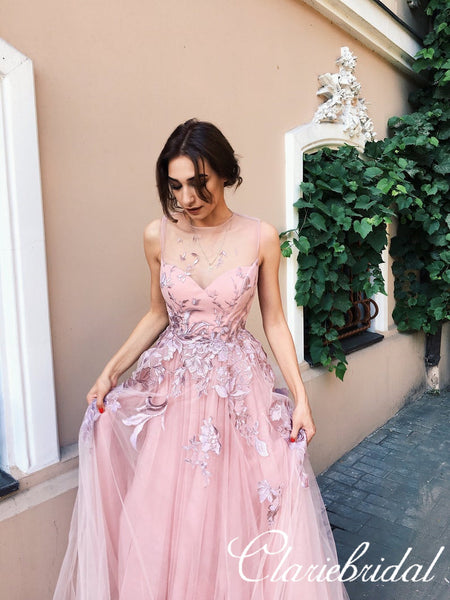 Pink Tulle Lace Long Homecoming Dresses, Prom Dresses, Newest Prom Dresses