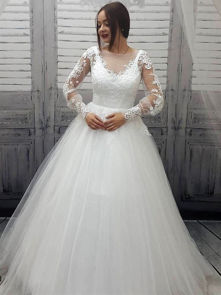 long sleeve tulle wedding dress Long Sleeves Ivory Lace Tulle Wedding Dresses, Fluffy Wedding Dresses, – ClaireBridal