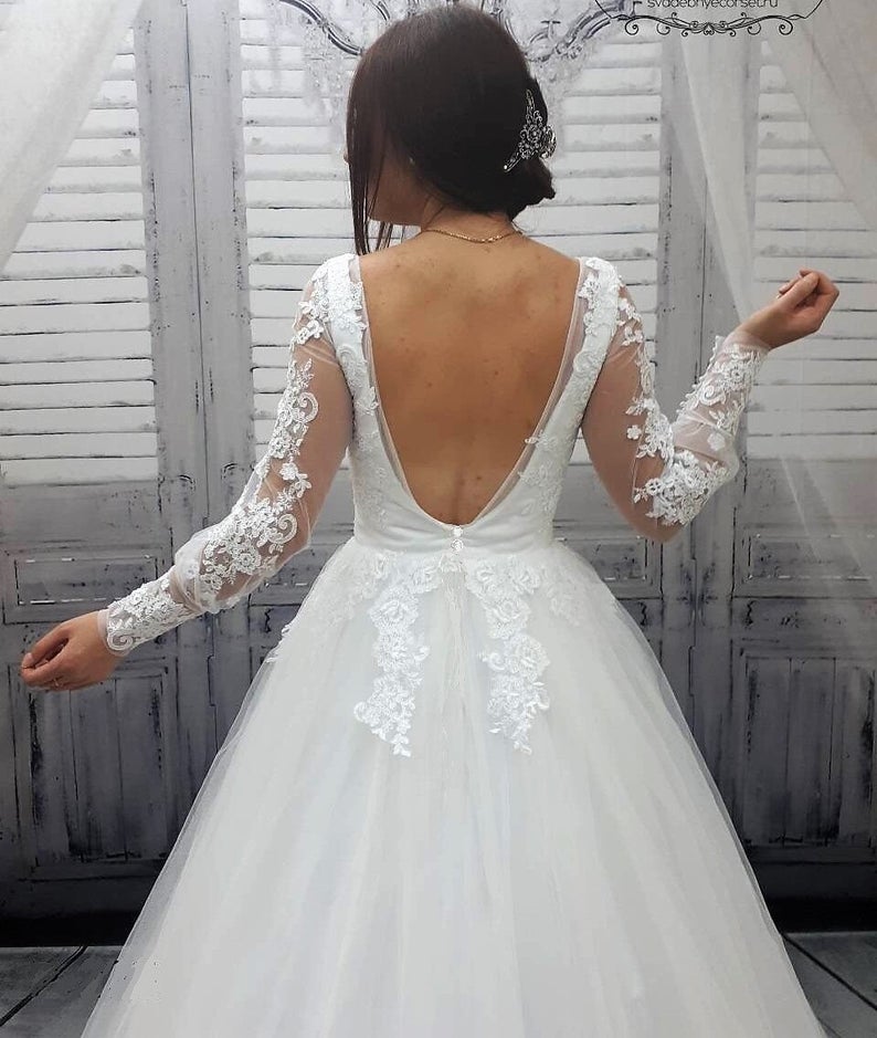 Long Sleeves Ivory Lace Tulle Wedding Dresses, Fluffy Wedding Dresses, ClaireBridal Long Sleeves Ivory Lace Tulle Wedding Dresses, Fluffy Wedding Dresses, ClaireBridal