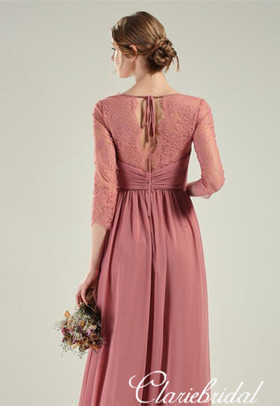 Half Sleeves Dusty Pink Chiffon Lace Long Bridesmaid Dresses