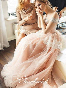 Off Shoulder Blush Tulle Lace Prom Dresses, A-line Wedding Dresses, Newest Wedding Dresses
