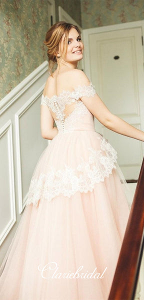 Off Shoulder Blush Tulle Lace Prom Dresses, A-line Wedding Dresses, Newest Wedding Dresses