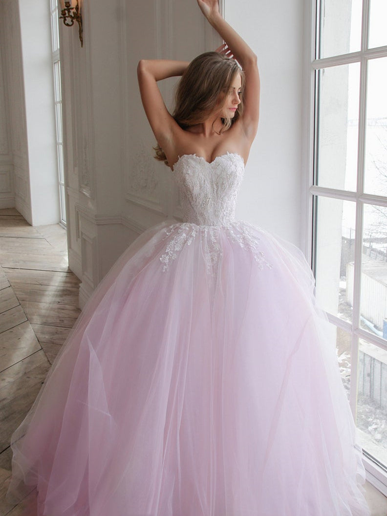 Sweetheart Long A-line Lace Tulle Wedding Dresses, Pink Wedding Dresses, Lovely 2020 Wedding Dresses