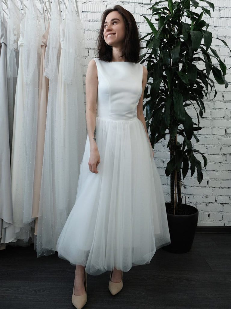 Ankle Length Long Satin Tulle Wedding Dresses, Simple Vintage Wedding ClaireBridal Ankle Length Long Satin Tulle Wedding Dresses, Simple Vintage Wedding ClaireBridal