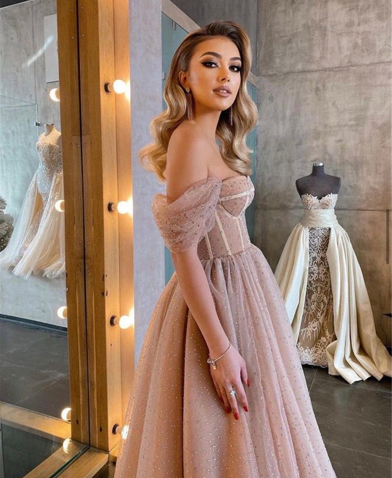 Off Shoulder Nude Pink Sequin Tulle Prom Dresses, Classic Corset Prom ClaireBridal Off Shoulder Nude Pink Sequin Tulle Prom Dresses, Classic Corset Prom ClaireBridal
